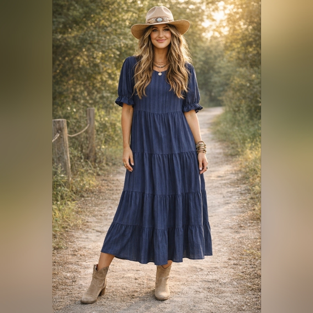 Relaxed Navy Maxi Tiered Dress with Puff Sleeves